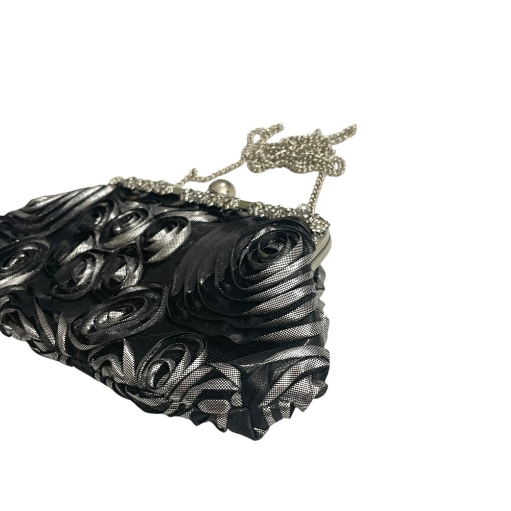 ICING Black Rose Floral Evening Bag Silver chain, Rhinestone Purse Clutch - Picture 2 of 12